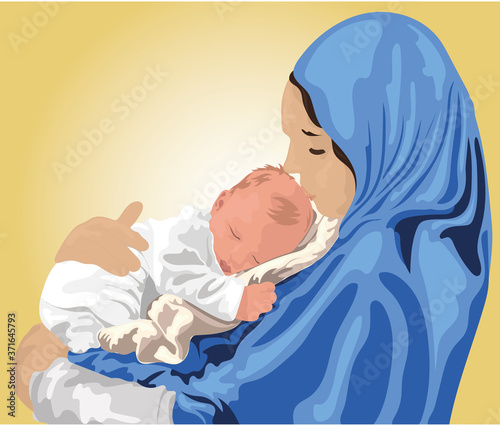 Virgin Mary Kissing The Newborn Baby Jesus