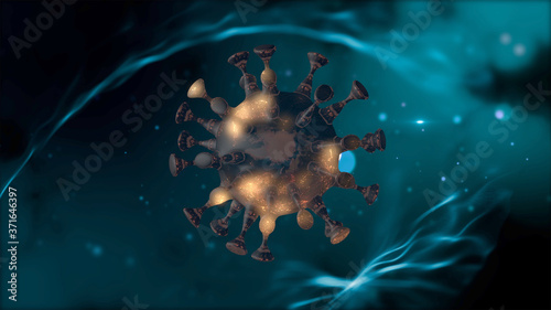The second wave of coronavirus. 3d render of abstract virus cell inside a transparet bubble over blurred dark background.