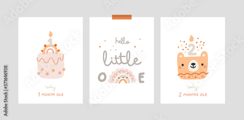 Milestone cards set for newborn. Baby shower cards collection. Nursery print or poster with rainbow, sweet cakes for celebration party. Ideal for kids room decoration, clothing, prints, anniversary