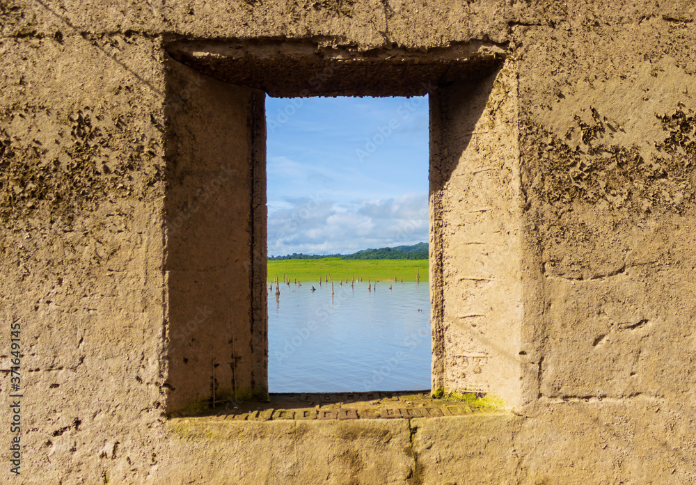 Fototapeta premium Beautiful photo frames with a view of the river and blue sky.