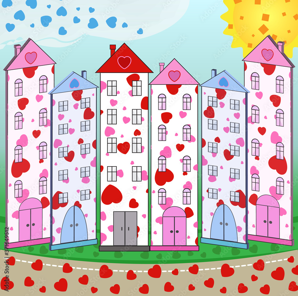 Abstract city of 3d houses with a pattern of hearts with saline, cloud and road.Vector graphics.