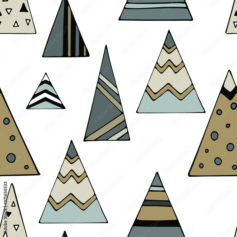 Mountain pattern in Scandinavian style. Cute seamless pictures. Textile design, prints, postcards, home decor. Vector illustrator