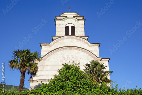 Religious architecture, details. Montenegro. Bell Tower of Orthodox Church of Saint Sava in Tivat city