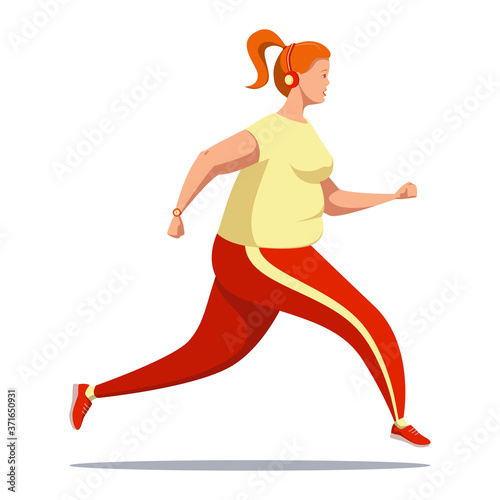 Curvy girl with strong will and desire to lose weight is running. A plump cute female with headphones and watches on her hand in sweatpants and a T-shirt is jogging. Side view. vector flat design