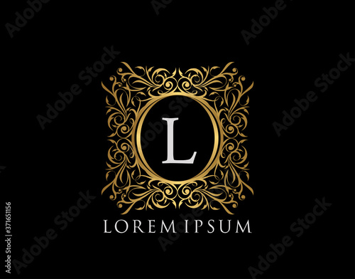 Luxury Badge Letter L Logo. Luxury gold calligraphic vintage emblem with beautiful classy floral ornament. Classy Frame design Vector illustration.