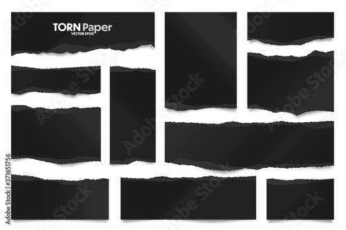 Ripped black paper strips. Realistic crumpled paper scraps with torn edges. Shreds of notebook pages. Vector illustration