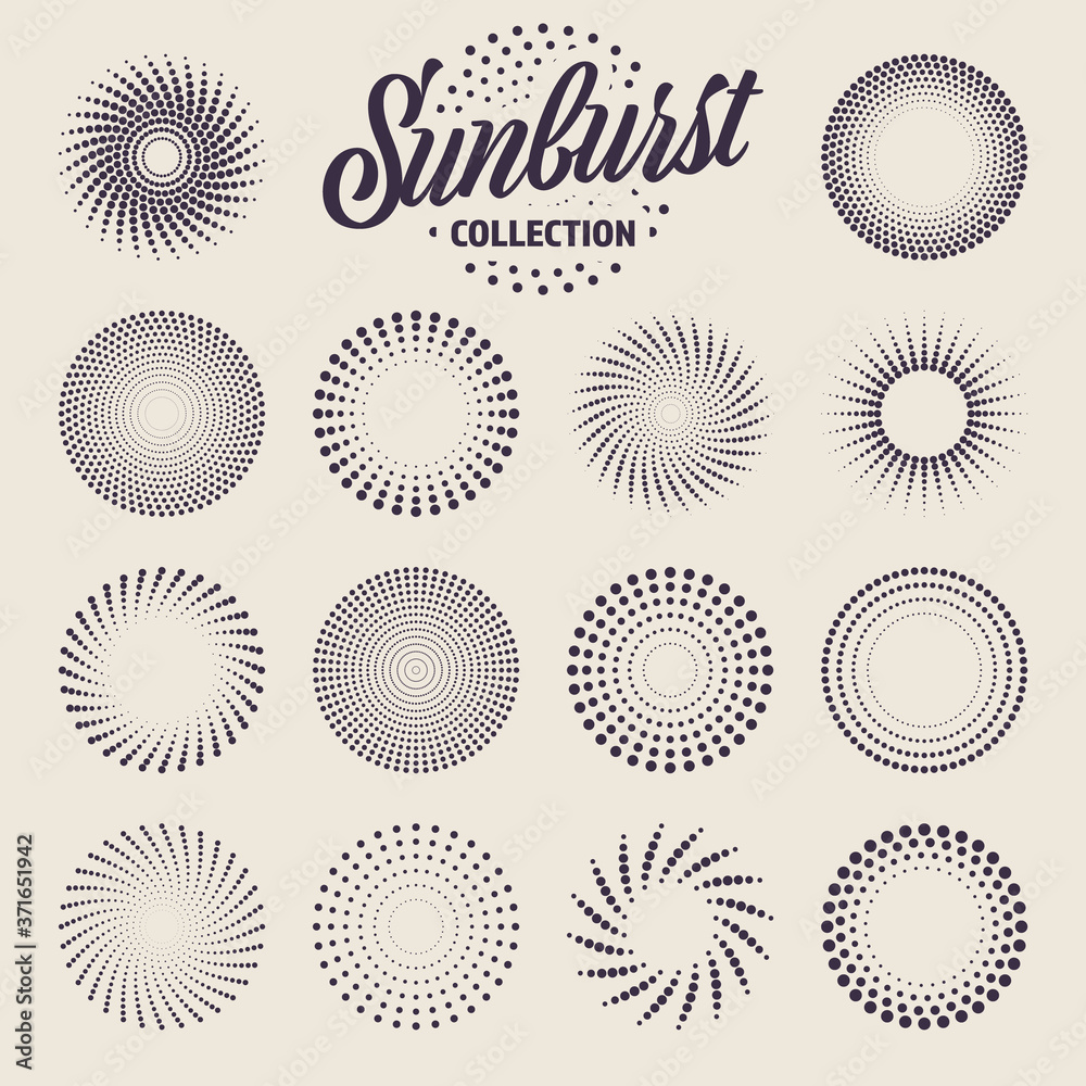 Vintage sunburst collection. Bursting sun rays and dots. Fireworks. Logotype or lettering design element. Radial sunset beams. Vector illustration.