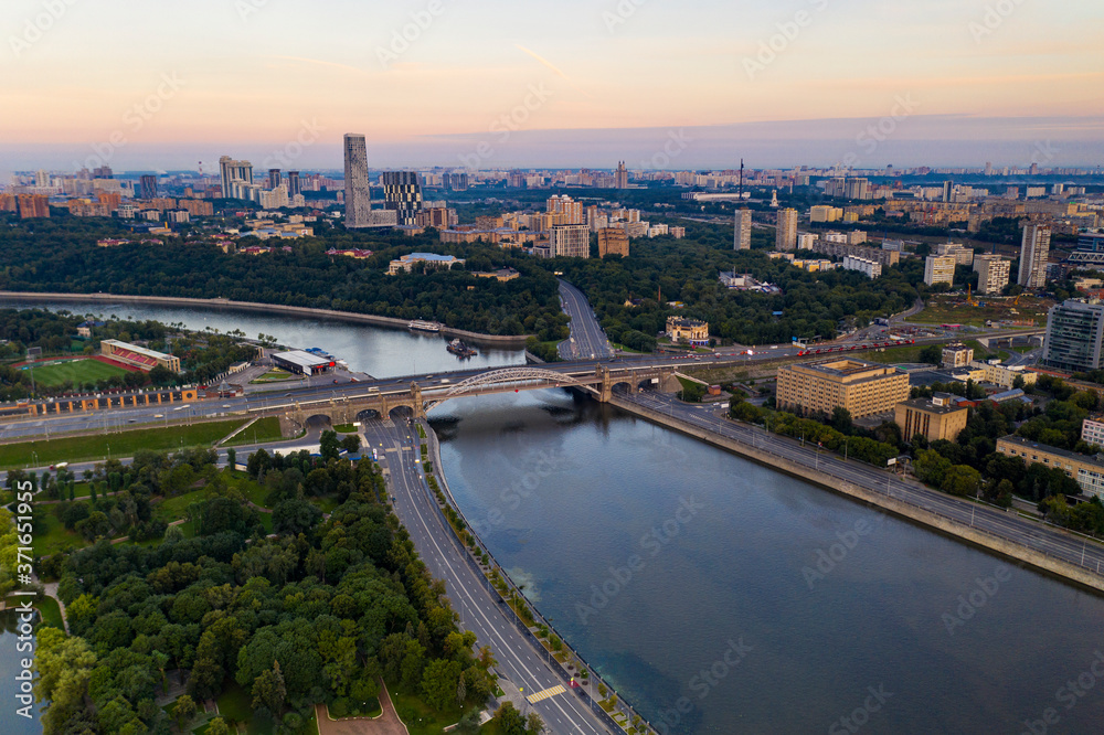 panoramic views of the city, the ancient fortress and the river at dawn filmed from a drone