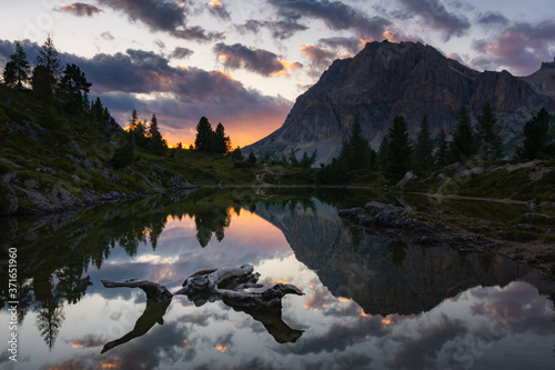 Fototapeta Naklejka Na Ścianę i Meble -  Sunset at Lago di Limides in the Italian Dolomites