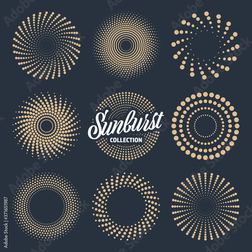 Vintage sunburst collection. Bursting sun rays and dots. Fireworks. Logotype or lettering design element. Radial sunset beams. Vector illustration.
