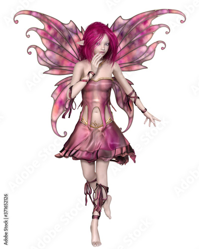Fényképezés Fantasy illustration of a cute and pretty fairy with pink hair, dress and wings,
