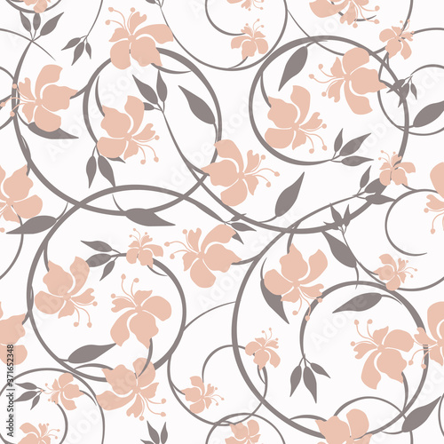 Vector floral seamless pattern. Vintage ornament with small pretty flowers, curly branches, leaves, twigs. Retro style wallpapers. Peach, gray and white color. Abstract background. Repeating design 