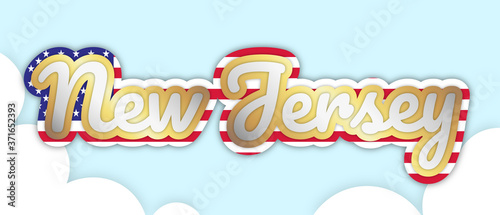 Wallpaper Mural "New Jersey" banner, big bold stroke style text. Editable removable background. Gold and silver script on the US flag, in sky with clouds. Vector Illustration.  Torontodigital.ca