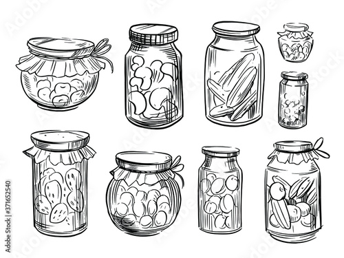 Сanned food. Set of jars with fruits and vegetables. Sketch illustration. Vector