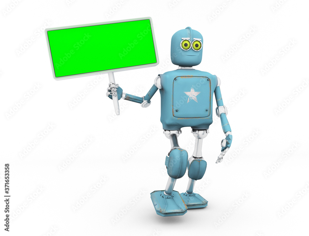 Robot Retro with banner Cartoon funny 3D video render - walk cycle. isolate on white Robot Retro with banner Cartoon funny 3D video render - walk cycle. isolate on white