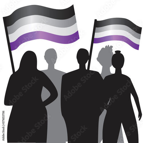 Silhouettes of people with flags in their hands as a concept of protest of the LGBTQ community, the fight for provo homosexuals, vector stock illustration with humanity or asexual