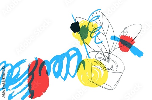 Naive art. Home plant. Contemporary art composition. Brush, marker, pencil stroke pattern. Vector artwork. Memphis vintage, retro 80s, 90s style. Child, kid sketch. Blue, red, yellow, black colors