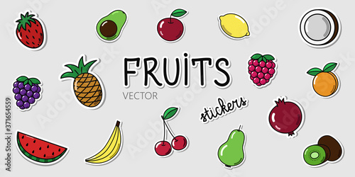 Set of vector fruit and berry stickers. Collection of cartoon elements with shadows on the grey background