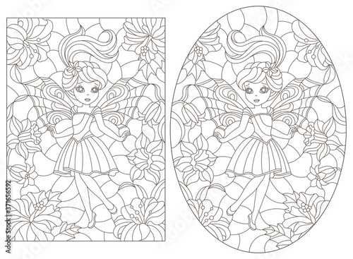 Set of contour illustrations of stained glass with fairys on a background of flowers, dark contours on a white background