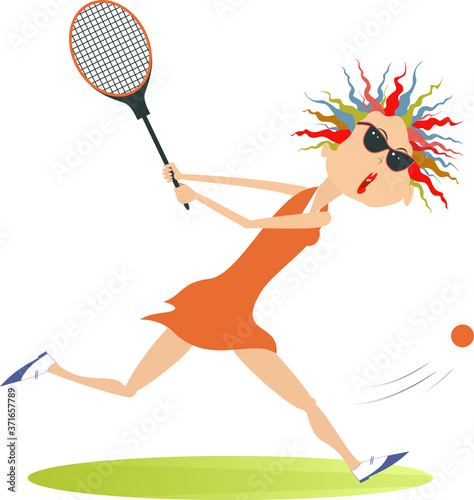 Young woman playing tennis illustration. Pretty young woman in sunglasses with a tennis racket isolated on white  © bigmen