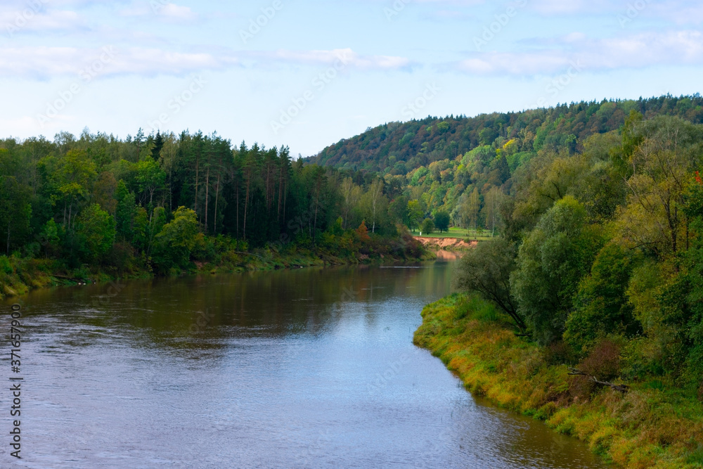 Picturesque landscape of deep river and european mixed forest. A lot of trees on shores