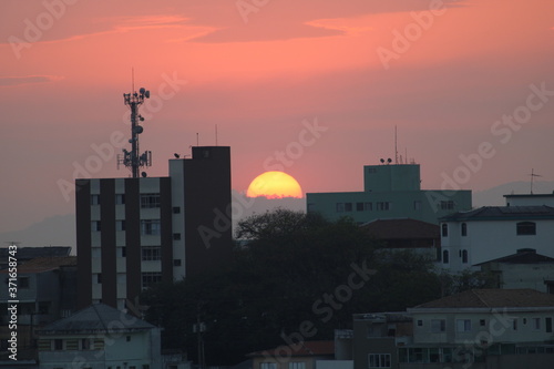 Sunset over the city in close view