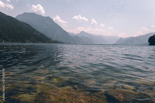 Traunsee lake with alps mountain. Summer Austria landscape