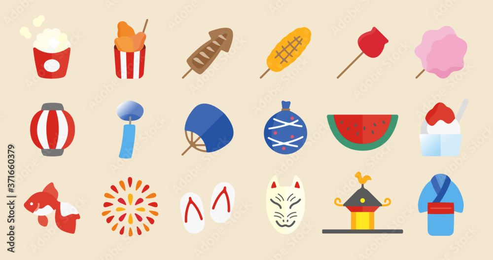 Japanese Summer Festival Icon Set (Simple flat vector for illustrations or graphics)