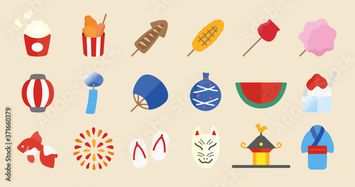 Japanese Summer Festival Icon Set (Simple flat vector for illustrations or graphics)