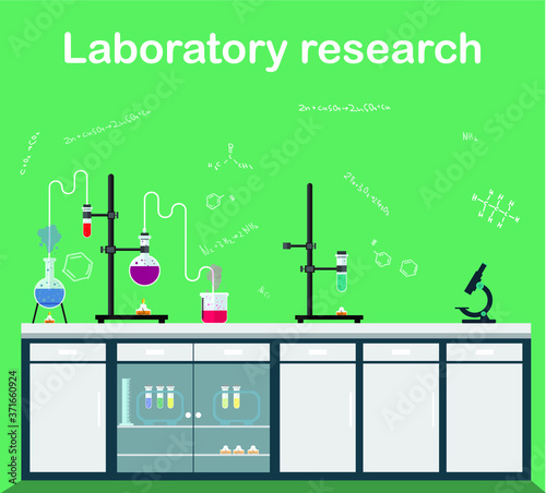 Scientific chemical laboratory, conducting experiments, research in chemical laboratory.