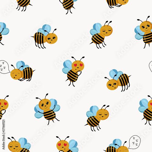 Seamless pattern with flying bees. Vector cartoon black and yellow bees, love bee funny bees on a white background. Cartoon cute bee seamless pattern © Надежда Филиппова