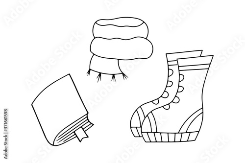 Autumn set isolated on white. Sketch cloth, book, shoe. Outline vector stock illustration. EPS 10