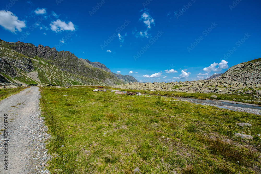 Naklejka premium Hiking to the Saarbrücker Hütte from Silvretta lake