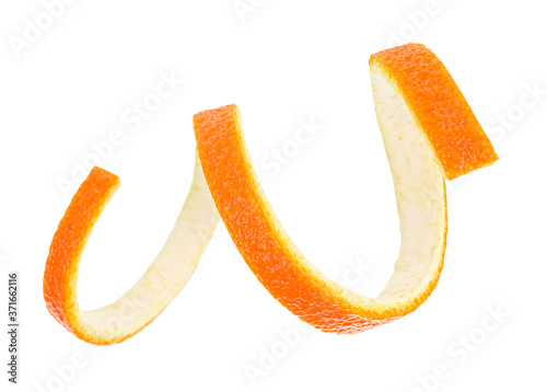 Orange peel against white background. Orange zest. Orange twist.