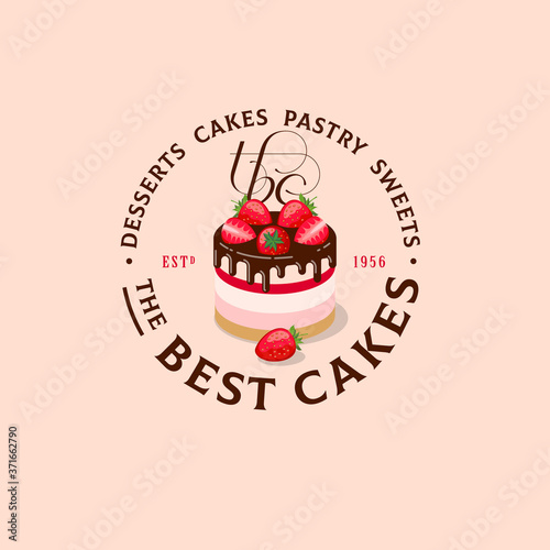The best cakes logo. Sweets and desserts emblem. Bakery and cafe logo. A beautiful cake with strawberry, chocolate and curly monogram. Sign for bakery.