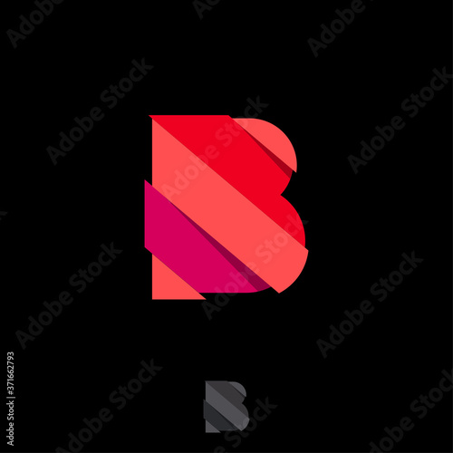 Letter B like red paper Cut Into strips. B monogram. Glitch effect. Print for T-shirt. Fun composition from letters. Poster, cartoon sign. 