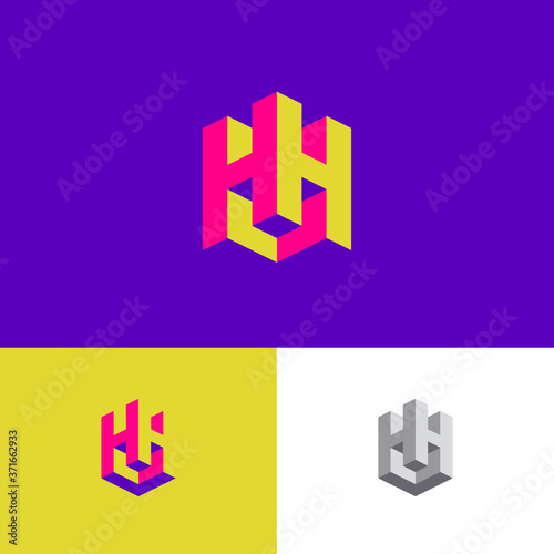 Double H letters as a cube. H and H logo. Construction emblem. 3D monogram. Abstract volume logo. Building or construction logo.
