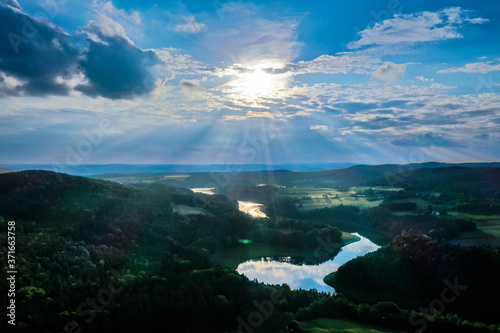 aerial view panorama lake landscape , eixendorfersee in the Bavarian forest