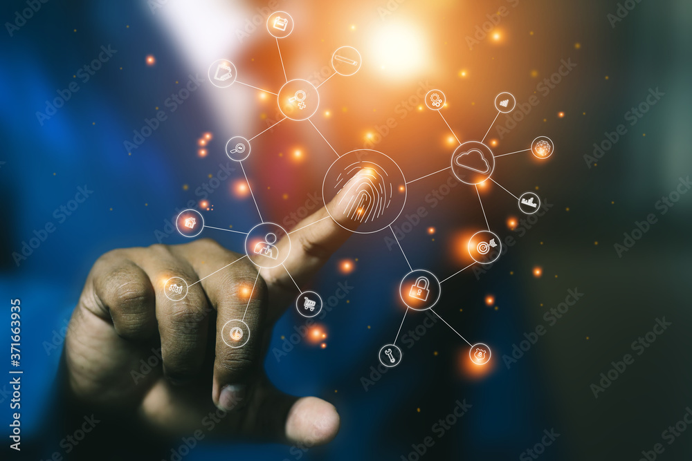 Business men use hands to enact communication, technology, networks and ...