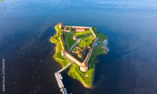 Aerial view on fortress Oreshek on island in Neva river near Shlisselburg town, Leningrad region, Russia