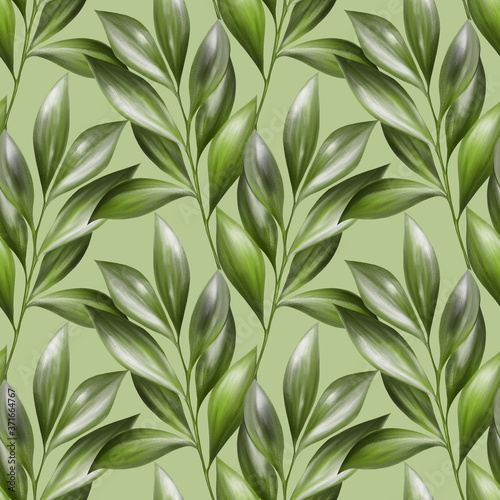 Green leaves seamless pattern. Summer floral background