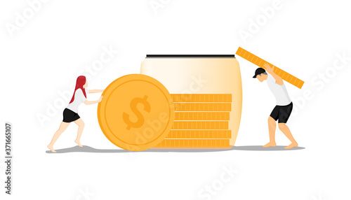 Family couple saving money. Vector illustration for finance, deposit, economy, investment, banking, concept