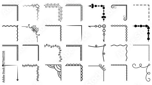 Set Hand Draw Of Corners Different Shapes Flower Decoration Vector Design Doodle Sketch Style For Wedding And Banner