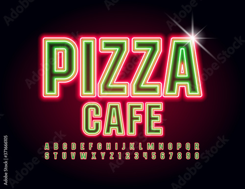 Vector bright template Pizza Cafe. Neon Red and green Font. Electric light Alphabet Letters and Numbers