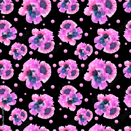 Peonies flowers pink watercolor seamless pattern on black background. For printing on fabric and paper