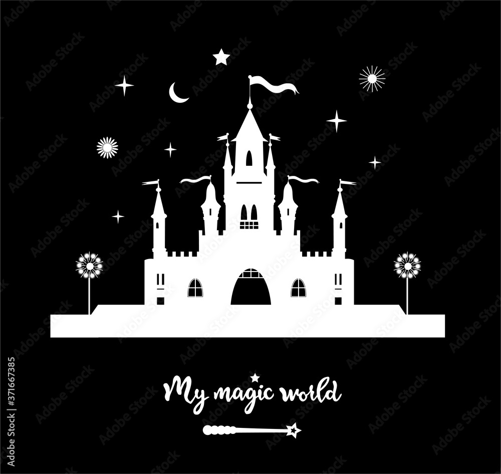 Vector illustration of white medieval castle with lettering and magic wand isolated on black