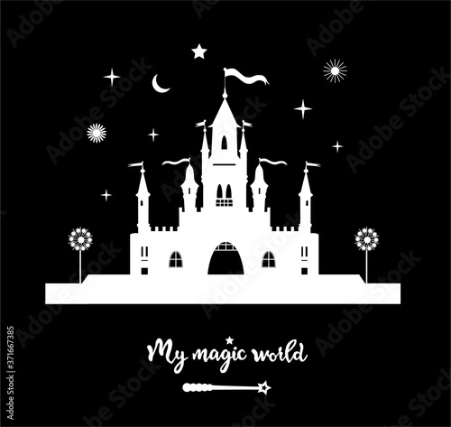 Vector illustration of white medieval castle with lettering and magic wand isolated on black