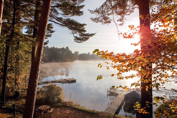 View through pine trees of a lake with fog up north with docks and boats