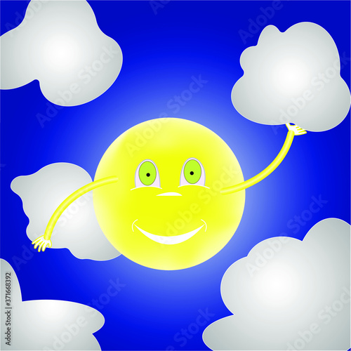 drawing - the sun smiles and scatters the clouds. Vector illustration