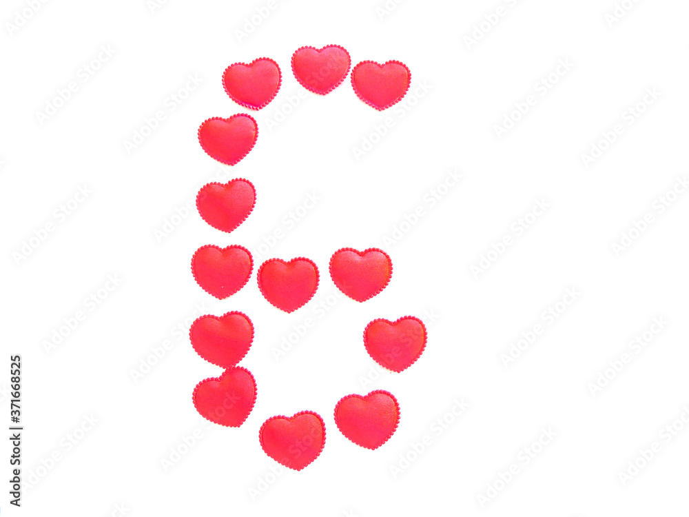 The number six is made up of small red hearts isolated on a white background. Bright red font.